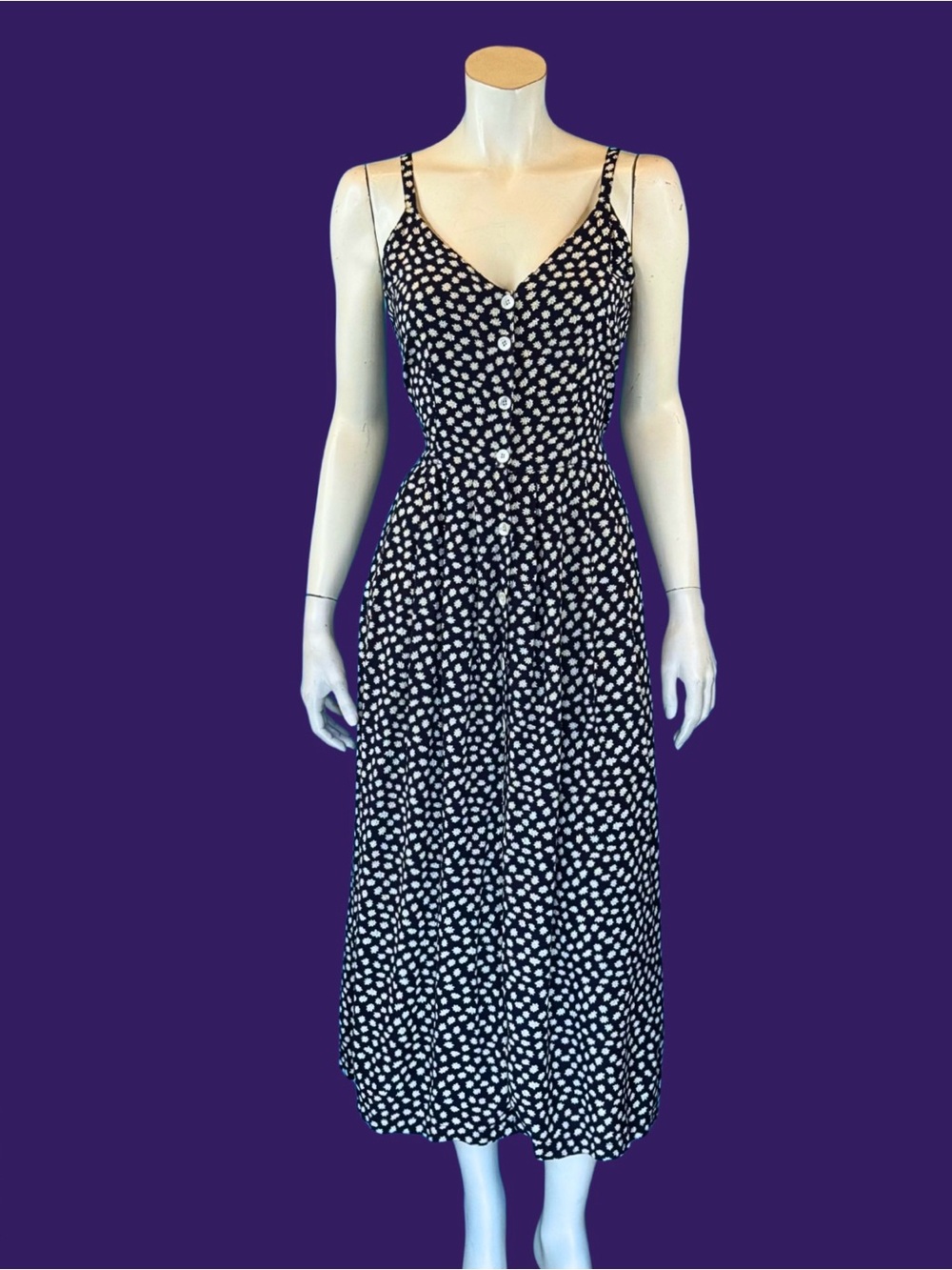 90 Vintage DITSY Daisy Print Navy Blue Rayon Sun Dress | S